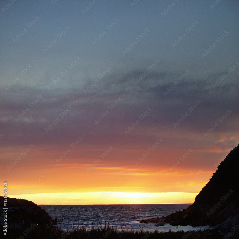 A tranquil coastal scene at sunset or sunrise, featuring a colorful sky with hues of orange, purple, and blue, framing a calm ocean view between dark, rocky landforms. A tranquil coastal scene at sunset or sunrise, featuring a colorful sky with hues of orange, purple, and blue, framing a calm ocean view between dark, rocky landforms.