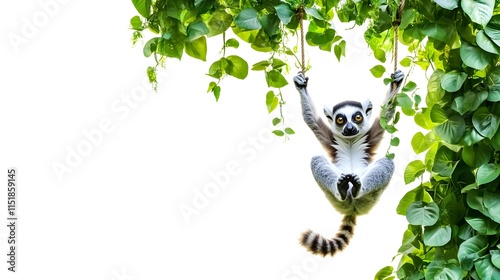 Cute Adorable Little Lemur Hanging from Green Vines in Watercolor Style