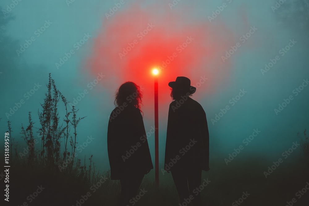 Silhouetted Couple in Fog with Red Light
