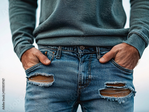 Man s Hands in Pockets  Distressed Jeans  Casual Style photo