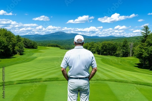 A golfer standing on a tee box, overlooking a scenic hole with a dogleg fairway and distant mountain views photo