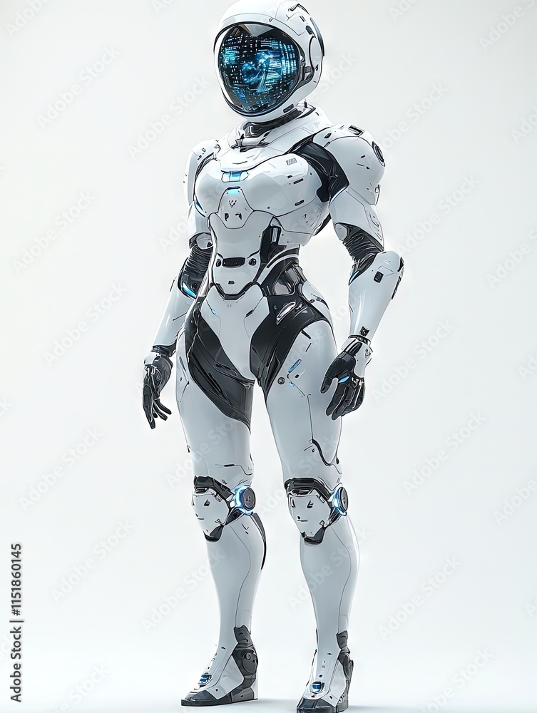 A futuristic female robot in a white and black suit with a glowing blue visor. Ideal for sci-fi games or movies. A futuristic female robot in a white and black suit with a glowing blue visor. Ideal for sci-fi games or movies.