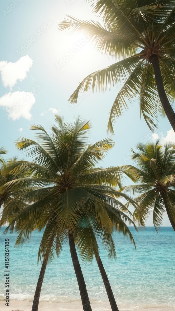 Fototapeta premium Sun-drenched coconut palms leaning over turquoise Caribbean Sea, picture,palm,vista