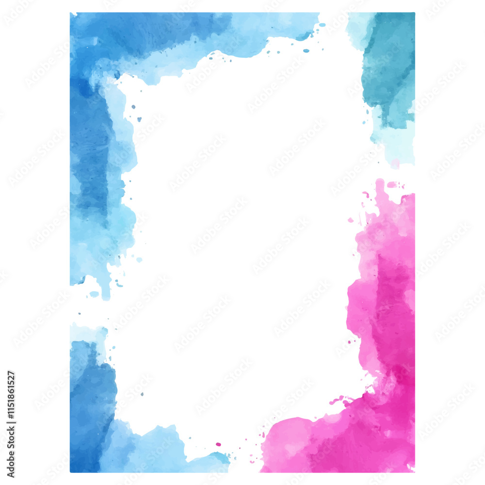 A vibrant watercolor frame with washes and splashes in shades of blue and pink, creating a colorful and dynamic border. This versatile design element is ideal for invitations, cards, posters, and vari A vibrant watercolor frame with washes and splashes in shades of blue and pink, creating a colorful and dynamic border. This versatile design element is ideal for invitations, cards, posters, and vari