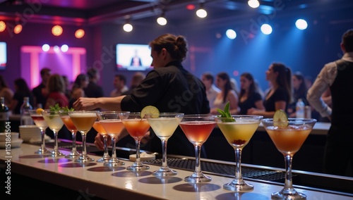 Bartender prepares drinks and sets out garnished cocktails for nightclub service photo