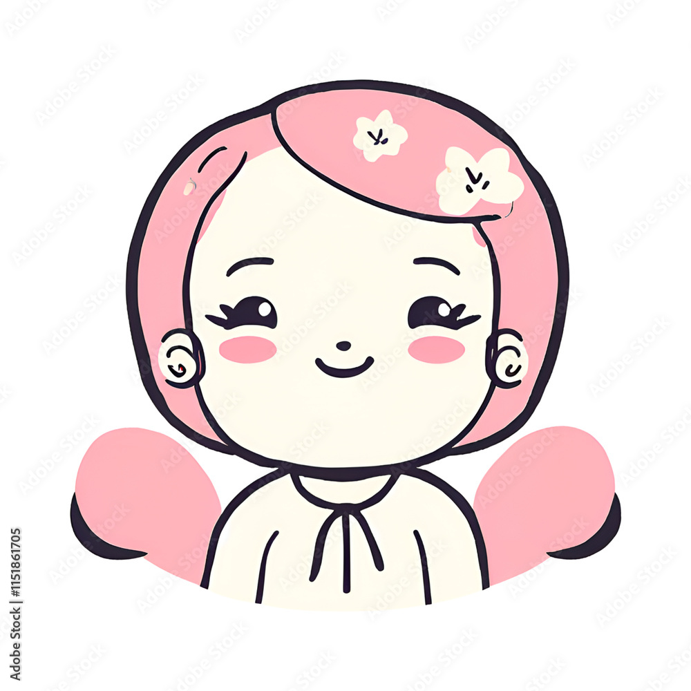 Adorable cartoon girl with pink hair, rosy cheeks, and floral accents, smiling sweetly. Perfect for kids' designs, stickers, and cheerful illustrations. Adorable cartoon girl with pink hair, rosy cheeks, and floral accents, smiling sweetly. Perfect for kids' designs, stickers, and cheerful illustrations.