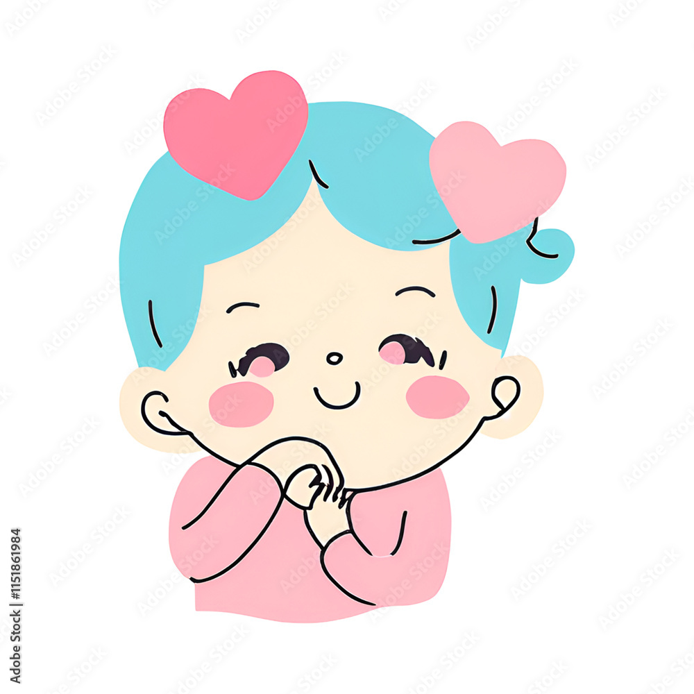 Adorable cartoon girl with blue hair, rosy cheeks, and pink hearts above her head. Perfect for kids' designs, cute stickers, and cheerful illustrations. Adorable cartoon girl with blue hair, rosy cheeks, and pink hearts above her head. Perfect for kids' designs, cute stickers, and cheerful illustrations.