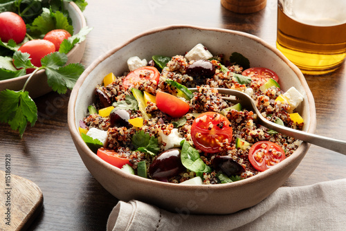 Wallpaper Mural Quinoa salad, healthy Mediterranean lunch with fresh organic vegetables, cheese, and olives, on a rustic wooden table Torontodigital.ca