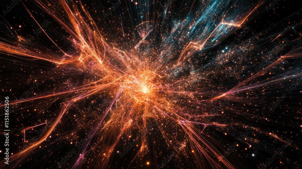 A burst of sparkling firework-like trails glowing brightly, illuminating the surrounding darkness A burst of sparkling firework-like trails glowing brightly, illuminating the surrounding darkness