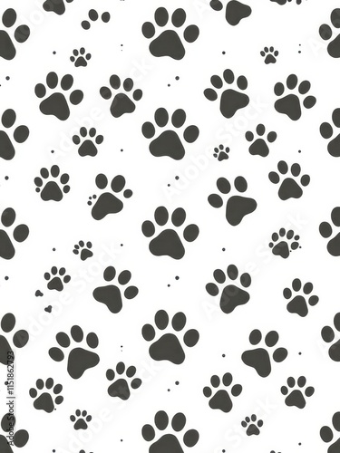 White background, playful dog paw print seamless pattern, various sizes and angles, textile, cute, animal print