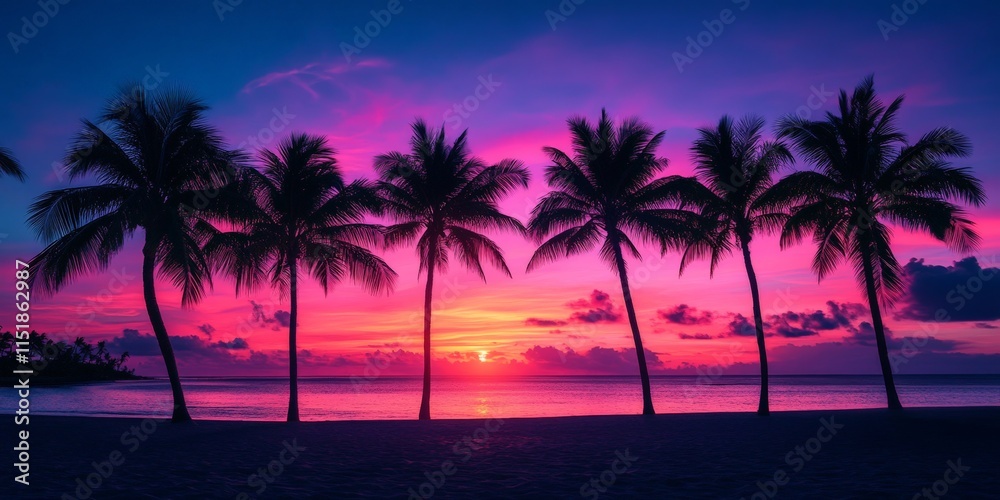 Fototapeta premium Neon Sunset with Palm Trees Over a Tropical Beach