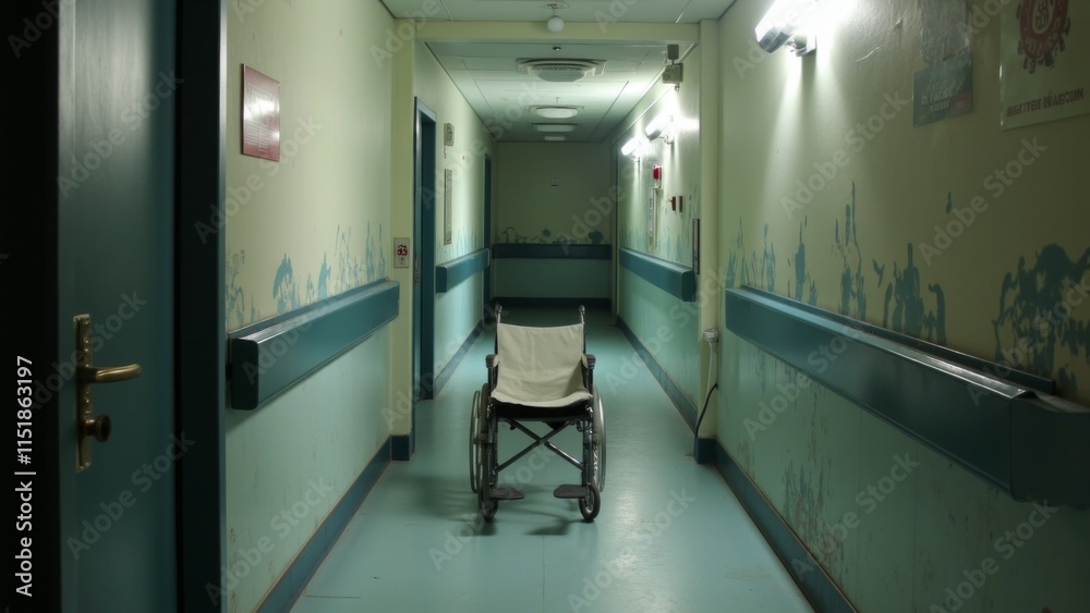 Empty wheelchair resting silently on a nostalgic hospital corridor, evoking thoughts of healing, resilience, and the passage of time in a place of care and recovery. Empty wheelchair resting silently on a nostalgic hospital corridor, evoking thoughts of healing, resilience, and the passage of time in a place of care and recovery.