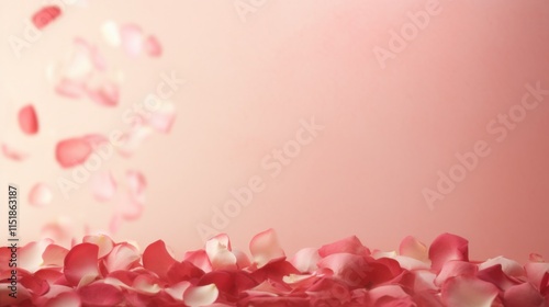 Falling red rose petals against a soft pastel pink background, symbolizing love