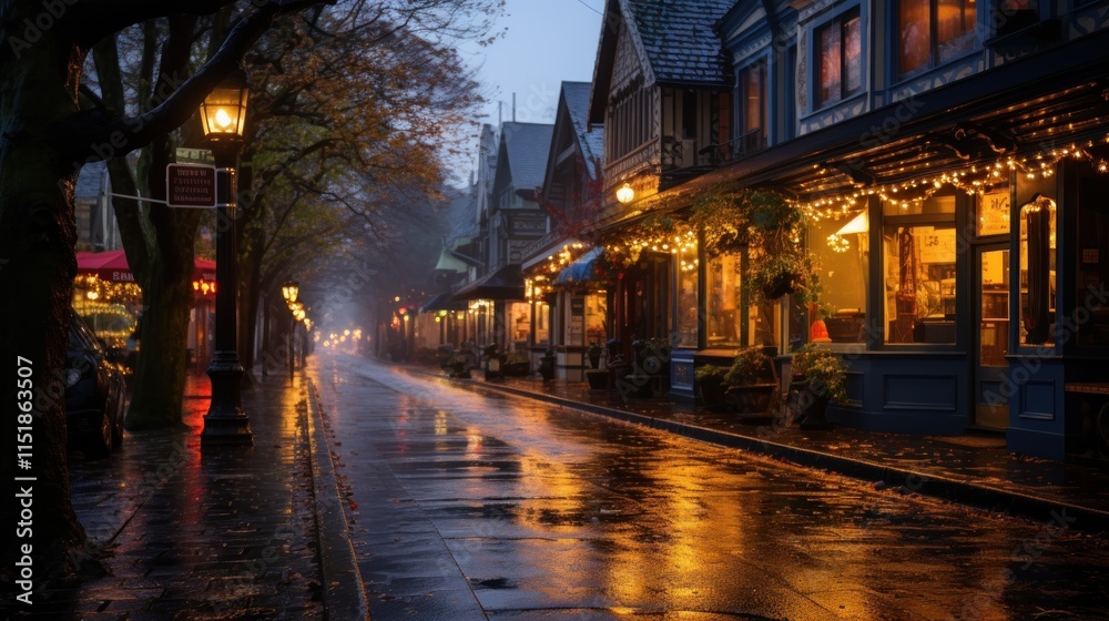 Rainy Night in a Charming Town: A Captivating Street Scene Rainy Night in a Charming Town: A Captivating Street Scene