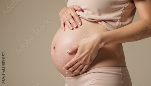 A pregnant woman tenderly cradles her growing bump