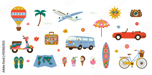  Travel groovy illustrations set, including a scooter, plane, car, map, surfboard, bike, hot air balloon, and fun vacation items.