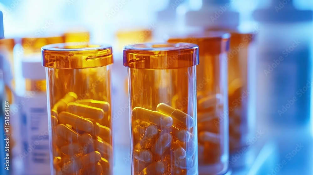 Colorful Prescription Bottles with Pills in Focus Colorful Prescription Bottles with Pills in Focus