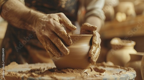 Male hands molding wet clay on pottery wheel closeup image. Artisan man shaping handmade ceramics with skilled hands close up photography. Creative craft concept photo realistic photo