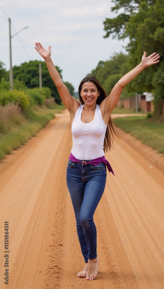 Woman victorious on country road arms triumphantly aloft Woman victorious on country road arms triumphantly aloft