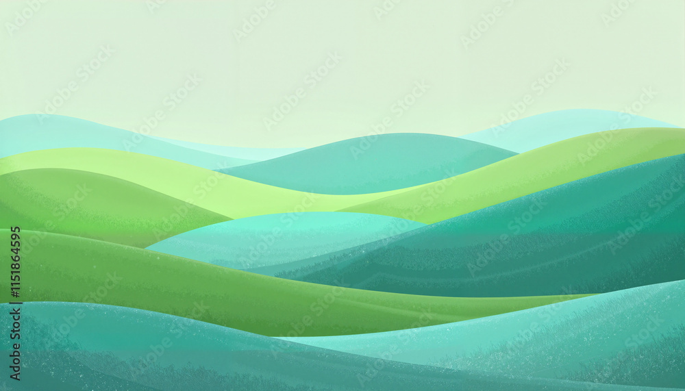 Abstract rolling hills in various shades of green, serene landscape design, copy space Abstract rolling hills in various shades of green, serene landscape design, copy space