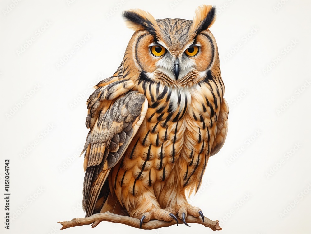 Naklejka premium Cartoon owl with yellow eyes sitting on a branch isolated on white background.Nature-themed cards, educational illustrations, wildlife awareness, bird illustrations, wildlife posters, nursery de