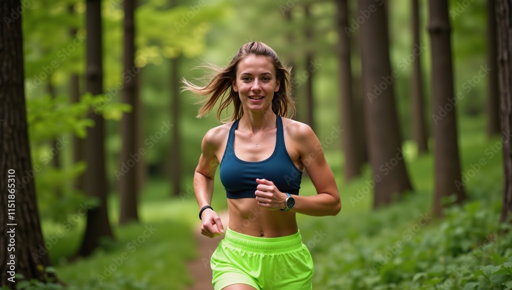 Young fit and beautiful athlete runs through a lush forest environment Young fit and beautiful athlete runs through a lush forest environment