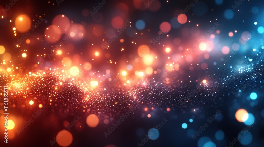 Obraz premium Abstract background with vibrant red, orange, and blue bokeh lights and glittering particles.