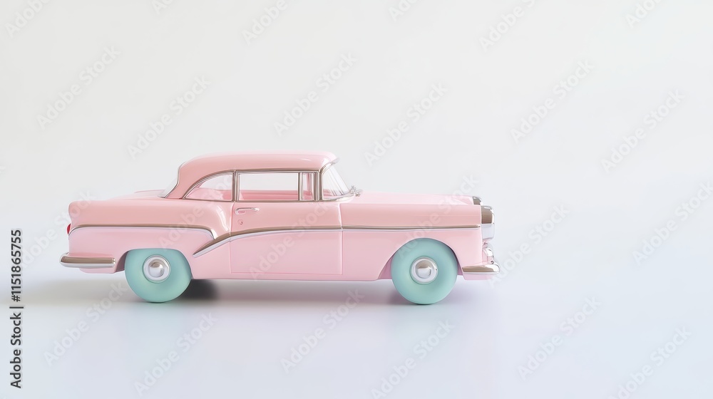 A 3D-rendered model of a classic-style toy car in a soft pastel color, isolated on a white background with plenty of empty space for design