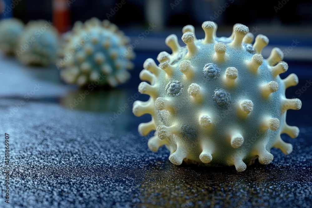 Microscopic View of Coronavirus on a Surface Microscopic View of Coronavirus on a Surface