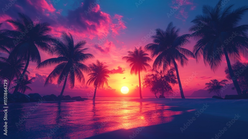 Neon Sunset with Palm Trees Over a Tropical Beach Neon Sunset with Palm Trees Over a Tropical Beach