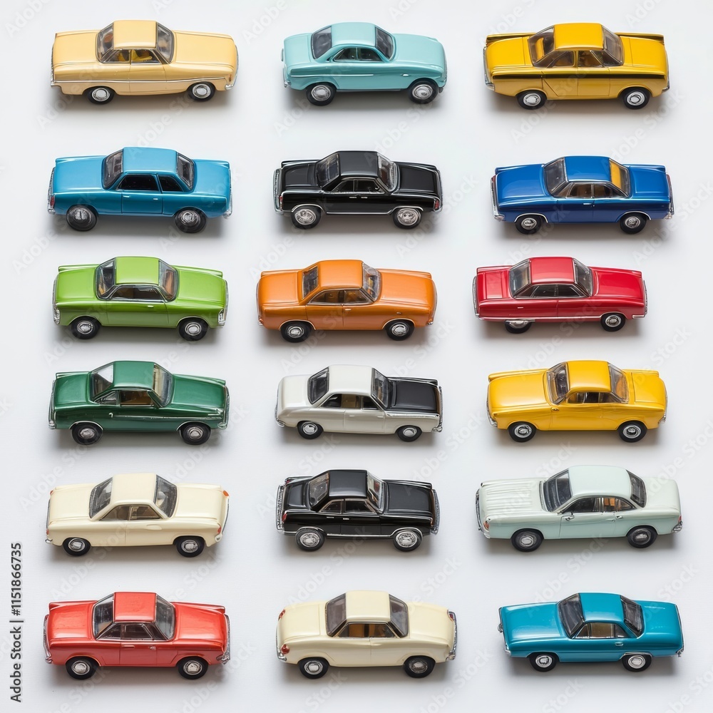 A collection of toy cars in different colors and designs, positioned neatly against a white background, creating room for text A collection of toy cars in different colors and designs, positioned neatly against a white background, creating room for text