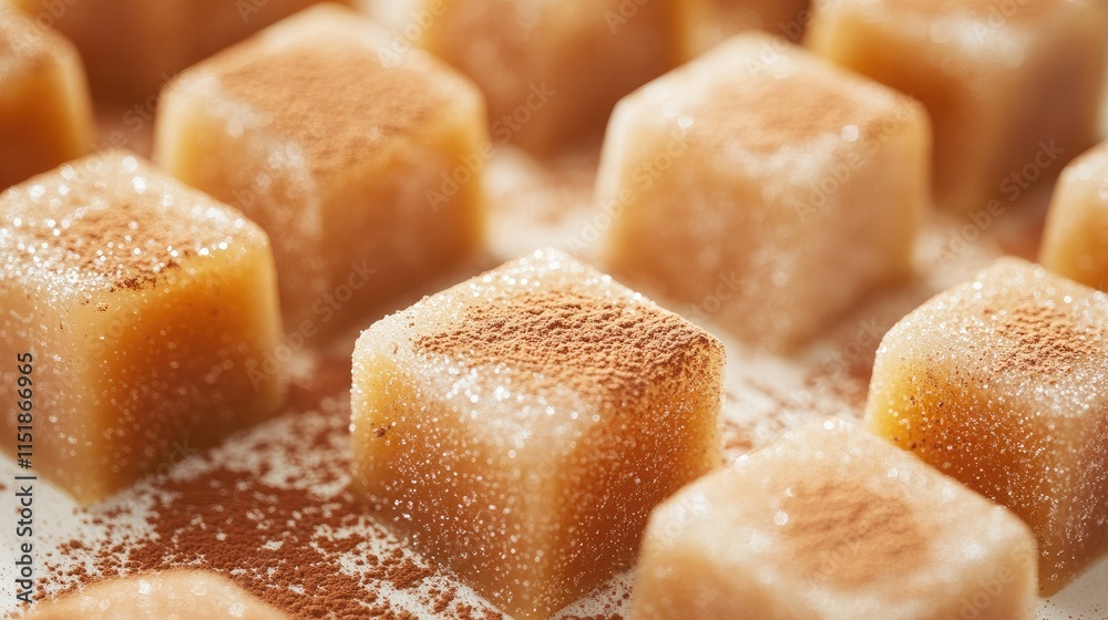 A close-up of creamy caramel candies dusted with cocoa powder, artfully displayed on a white background. A close-up of creamy caramel candies dusted with cocoa powder, artfully displayed on a white background.