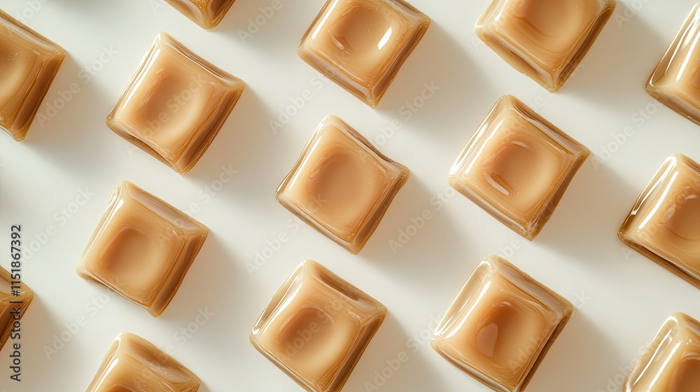 A close-up of soft, square caramel candies with subtle wrinkles, isolated on a pure white surface. A close-up of soft, square caramel candies with subtle wrinkles, isolated on a pure white surface.