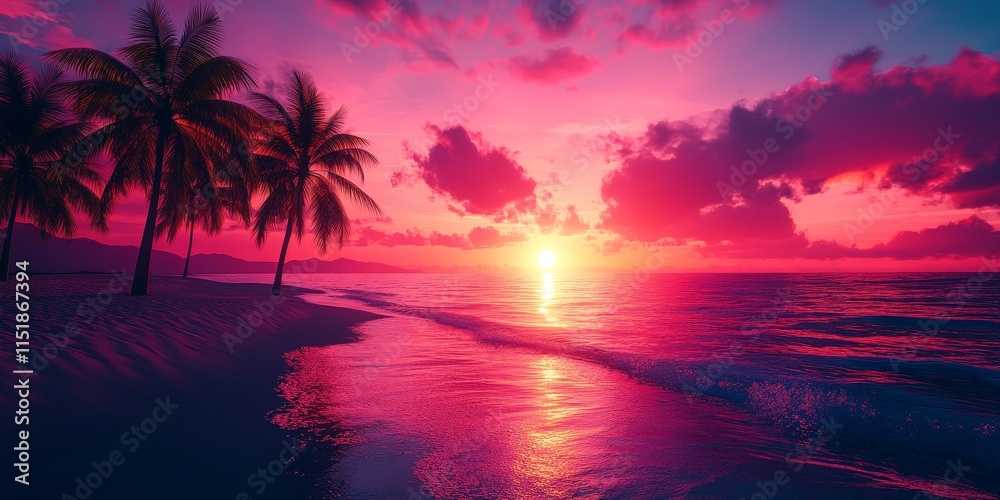 Neon Sunset with Palm Trees Over a Tropical Beach Neon Sunset with Palm Trees Over a Tropical Beach