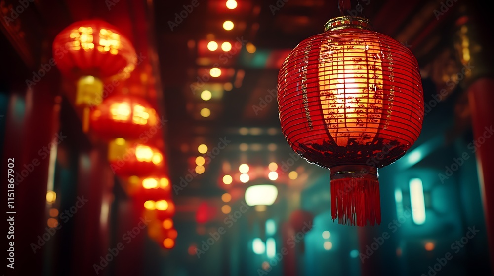 Illuminated red Chinese lanterns hanging in a dimly lit temple. Illuminated red Chinese lanterns hanging in a dimly lit temple.