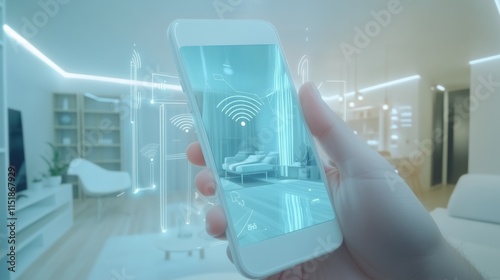 Hand holding smartphone displaying augmented reality features in modern living room setting with smart home technology