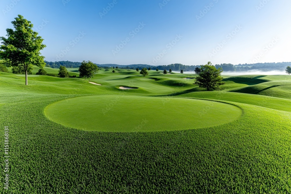 A peaceful golf course in the early morning, with mist rolling across the greens and the sun just beginning to rise A peaceful golf course in the early morning, with mist rolling across the greens and the sun just beginning to rise