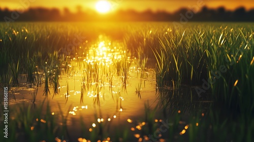 Serene Sunset Over Reflective Water in Lush Green Rice Field