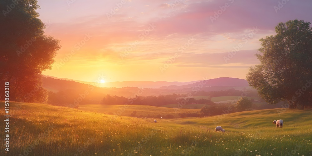 Obraz premium Serene Sunset Over Rolling Hills with Sheep Grazing in Fields