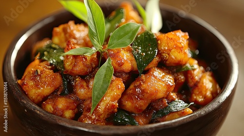 A dish of salted egg yolk-coated prawns, glistening with rich flavor and garnished with curry leaves