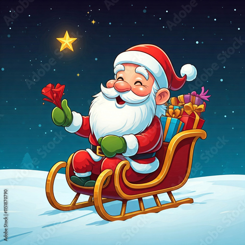 Cartoon Santa Claus Riding in a Sleigh with Gifts