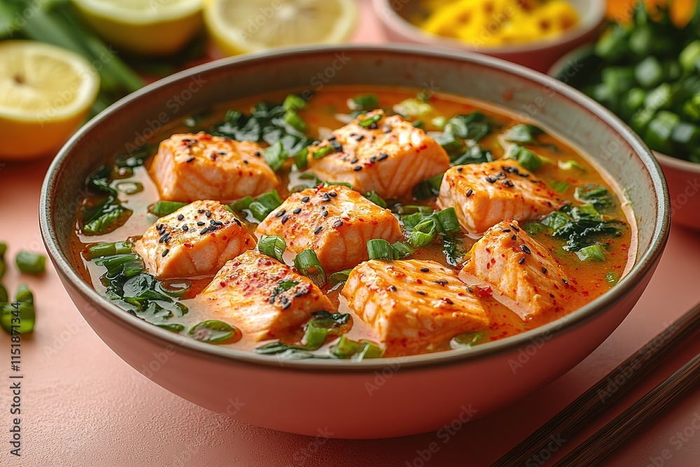 Delicious Salmon Soup with Spinach and Green Onions Delicious Salmon Soup with Spinach and Green Onions
