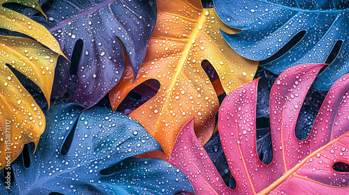 Vibrant Monstera Leaves with Dewdrops, Generative ai