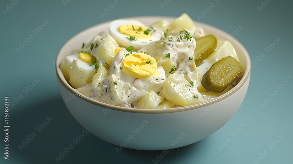 Creamy Potato Salad with Eggs and Pickles in a Bowl Creamy Potato Salad with Eggs and Pickles in a Bowl