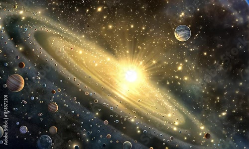 Radiant star system formation with glowing sun video animation. Planets, asteroids, cosmic particles in swirling space animated footage HD clip motion graphics. Outerspace concept