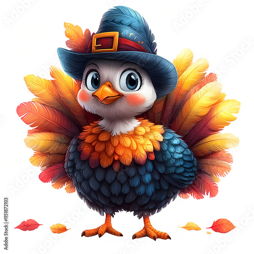 Cute cartoon turkey in a pilgrim hat for Thanksgiving png isolated on transparent background photo