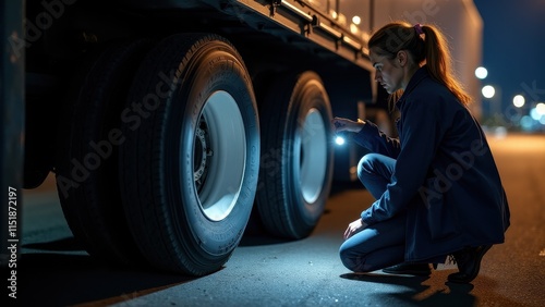A truck driver inspecting their vehicle's tires and cargo before starting a long-distance journey