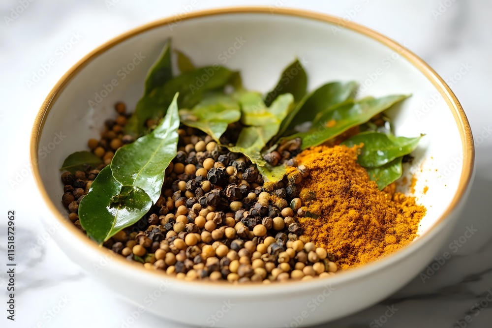 A bowl of spices and curry leaves, showcasing ingredients for cooking. A bowl of spices and curry leaves, showcasing ingredients for cooking.