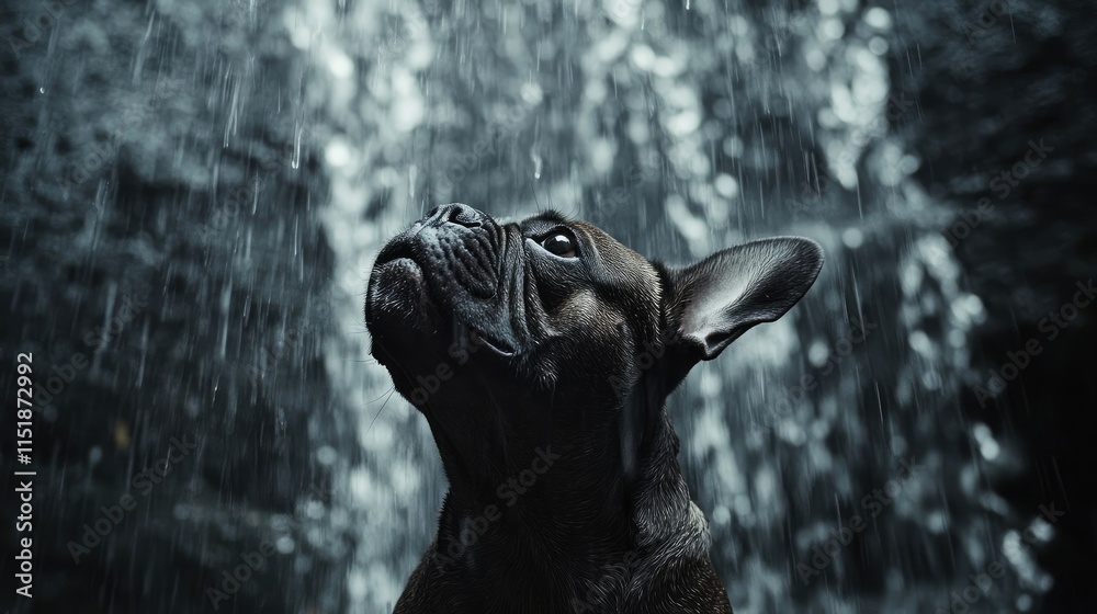 A French Bulldog standing under a cascading waterfall, looking up joyfully at the falling water A French Bulldog standing under a cascading waterfall, looking up joyfully at the falling water