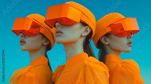 Three futuristic women wearing orange helmets and tinted visors against a serene blue background, highlighting an avant-garde fusion of advanced technology and modern fashion photo